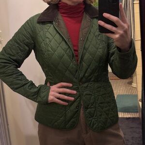 Green Quilted Barbour Jacket with Brown corduroy collar